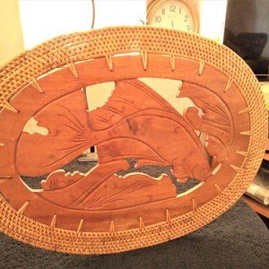 Carved wood fish in stream table map slash wall hanger
